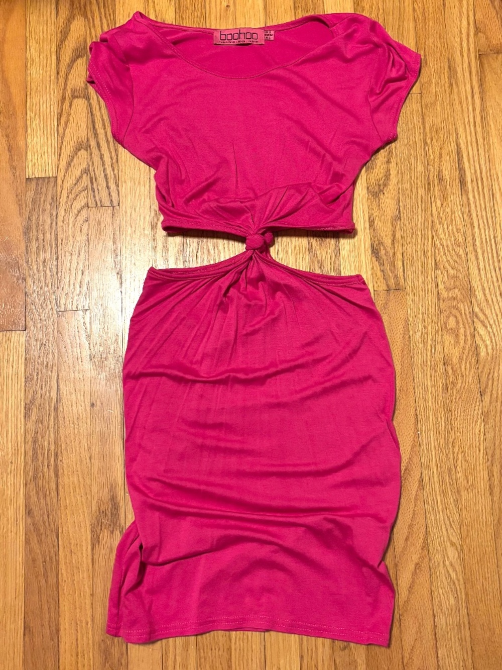 Boohoo Cut Out Twist Gathered Waist Short Sleeve Mini Dress Hot Pink Womens US 4